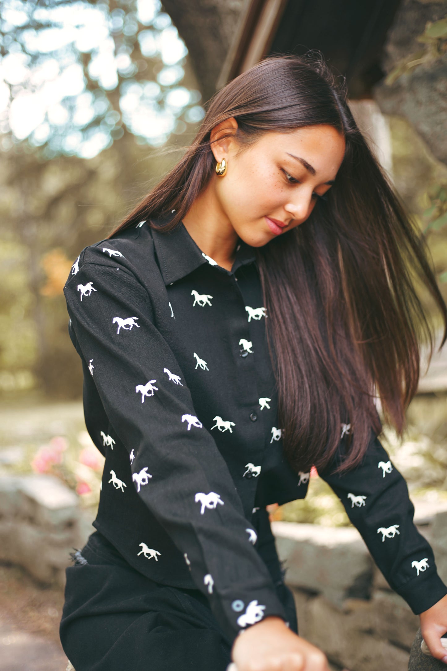 Denim Black Horse Print Shirt