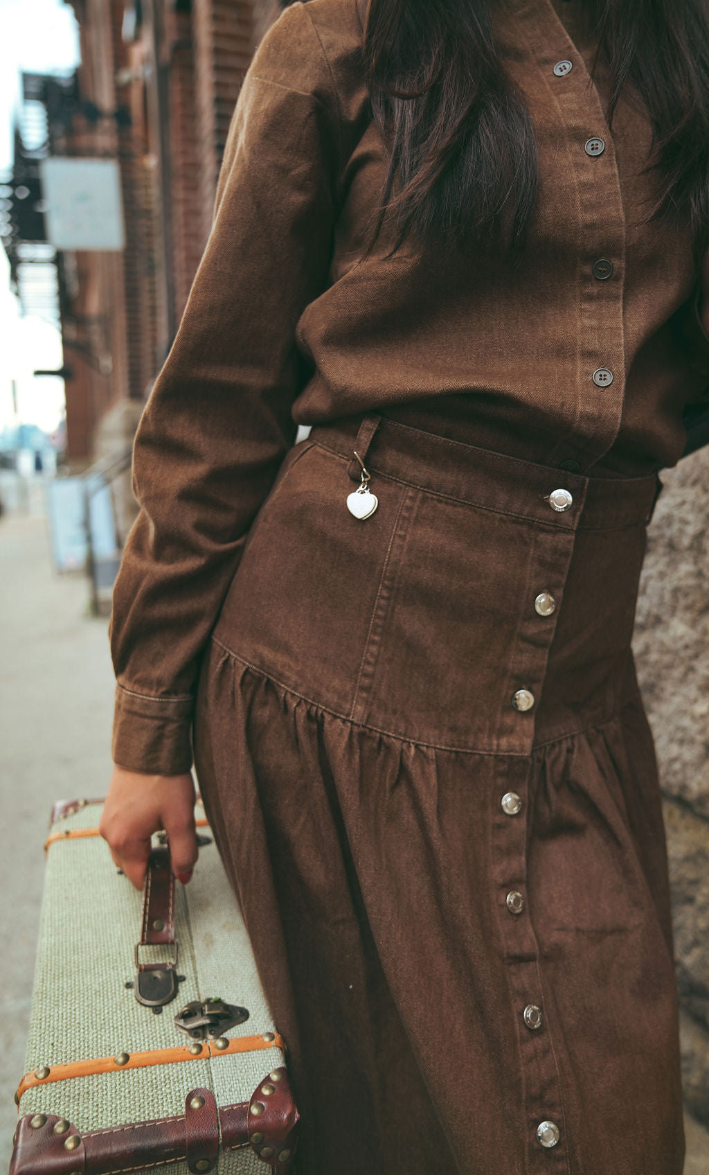 Denim Dropwaist Skirt Brown- SIZE DOWN
