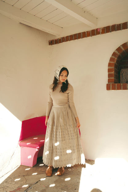 Eyelet Pleated Skirt Tan