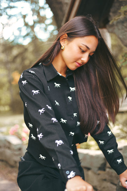 Denim Black Horse Print Shirt