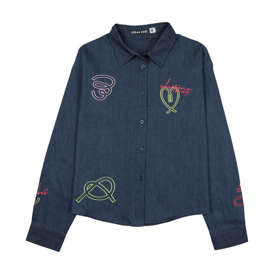 Neon Embroidered Navy Denim Shirt
