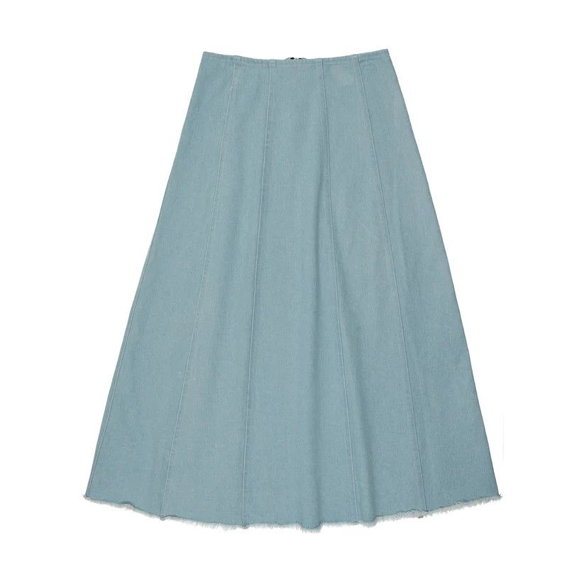 light blue denim paneled skirt